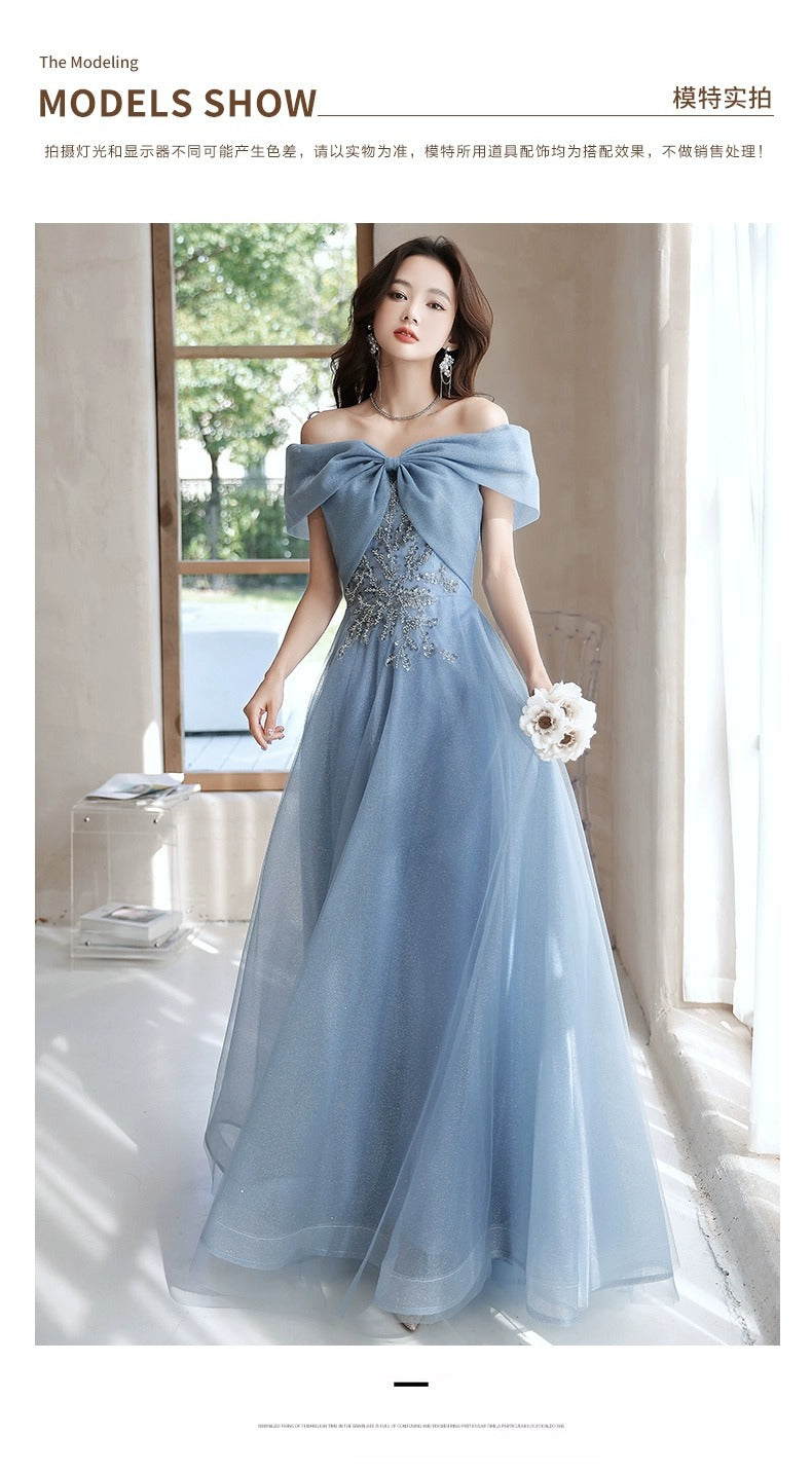 off-Shoulder Blue Evening Dress for Women Banquet Temperament French Entry Lux Niche High-End Host Art Exam Chorus Clothing