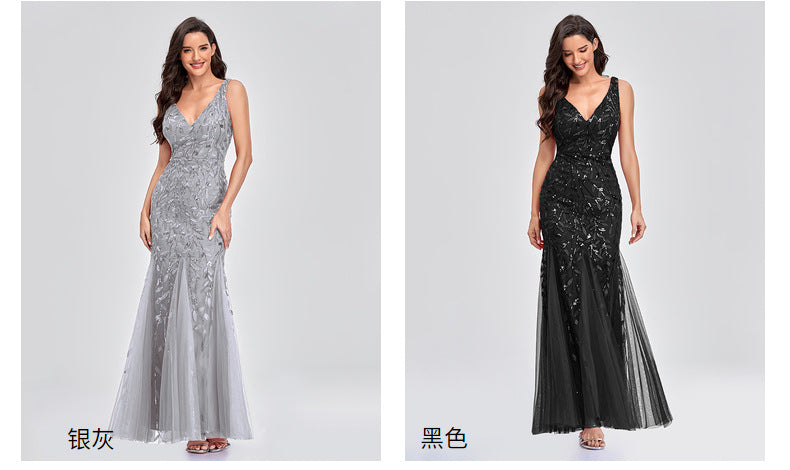 New 2023 Dress Sexy Dress Sleeveless V-neck Embroidery Sequin Slim Fishtail Bridesmaid Evening Dress for Women