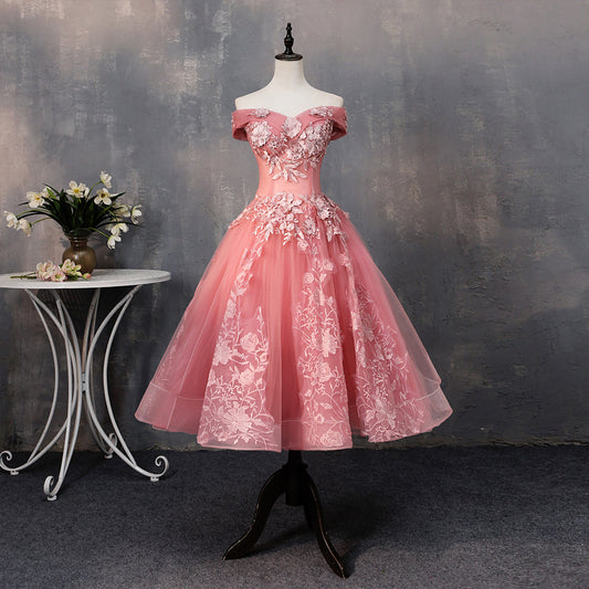 Evening Dress Short Pettiskirt Spring Pink Wedding Bridesmaid Dress off-Shoulder Short Sleeve Slimming Host Dress for Women