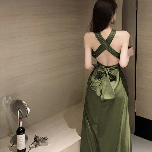 French Style High-Grade High-Cold Adult Lady like Woman Style Halter Dress Green Evening Dress High-End Affordable Luxury Niche Dress Summer