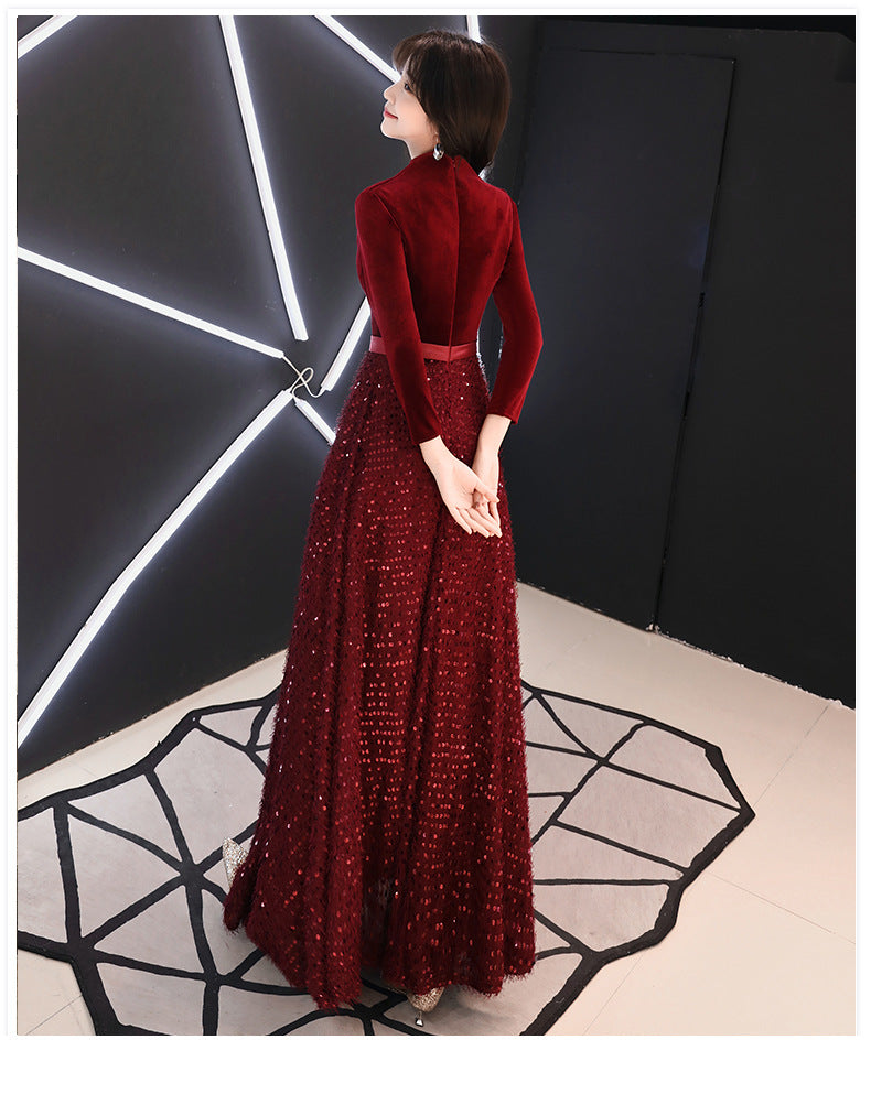 Evening Dress for Women 2024 New Elegant Toast Dress Wine Red Bride Elegant Long Sleeve Wedding Clothes Autumn