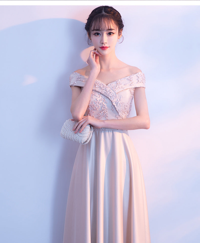 Banquet Evening Dress 2024 Autumn New Korean Style Elegant off-Shoulder Long Slimming Bridesmaid Dress for Women