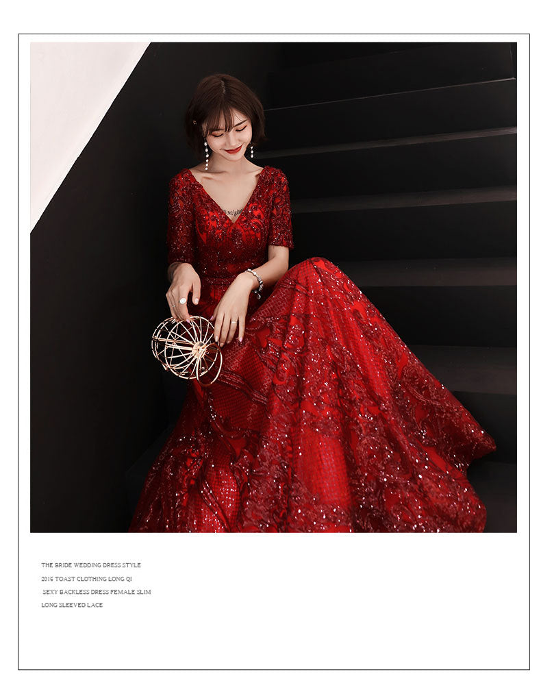 Toast Dress Bride Wedding Evening Dress Temperament Red Engagement Banquet Host Dress Women's Autumn Evening Dress