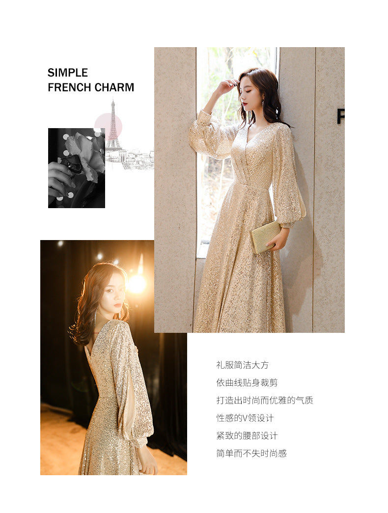 Factory Supply Evening Dress 2024 New Autumn and Winter Long Long Sleeve V-neck Sequins Champagne Annual Party Evening Dress