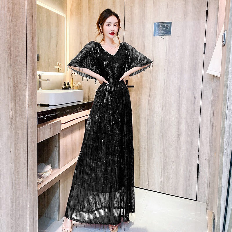 Starry Evening Dress Dignified Temperament Bride Toast Dress V-neck Flared Sleeves Sequined Tassel Slimming Long Dress Women