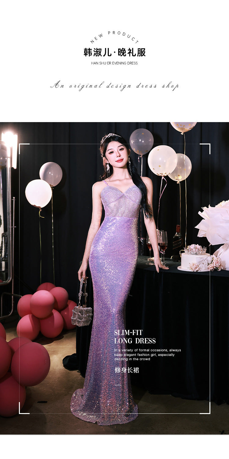 High Sense Banquet Temperament Light Luxury Minority Host Adult Lady like Woman Temperament Sexy Waist Trimming Sheath Fishtail Evening Dress