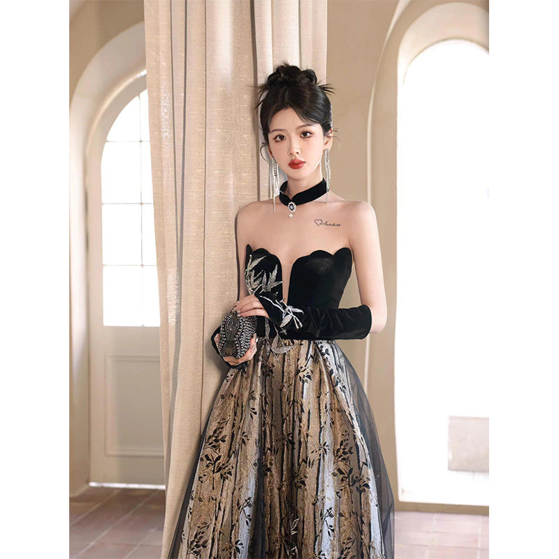 Tube Top Toast Dress Black New Chinese Style Morning Gowns Women's Bride Engagement Dress Banquet Temperament Host Evening Dress