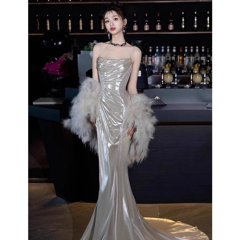 Silver Shiny Evening Dress Morning Gowns 2024 New High-End Sense Light Luxury Minority Birthday Party Sling Toast Dress