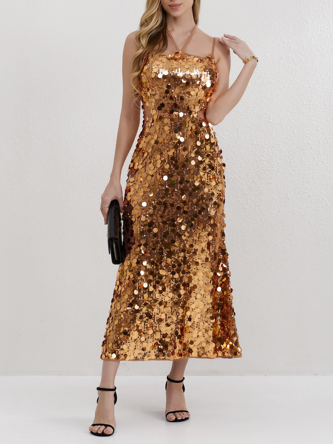 2023 Cross-Border Foreign Trade Spring/Summer New Fashion Sexy Internet Celebrity Gold Big Sequin Sequin Sling Dress Women