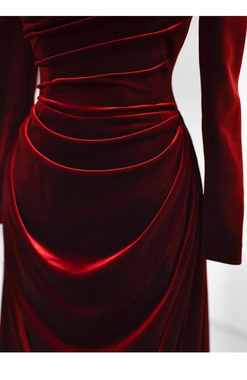 High-Grade Velvet Toast Dress Wine Red Long Sleeve Bride Engagement Dress Banquet Host Dress Annual Meeting Dress