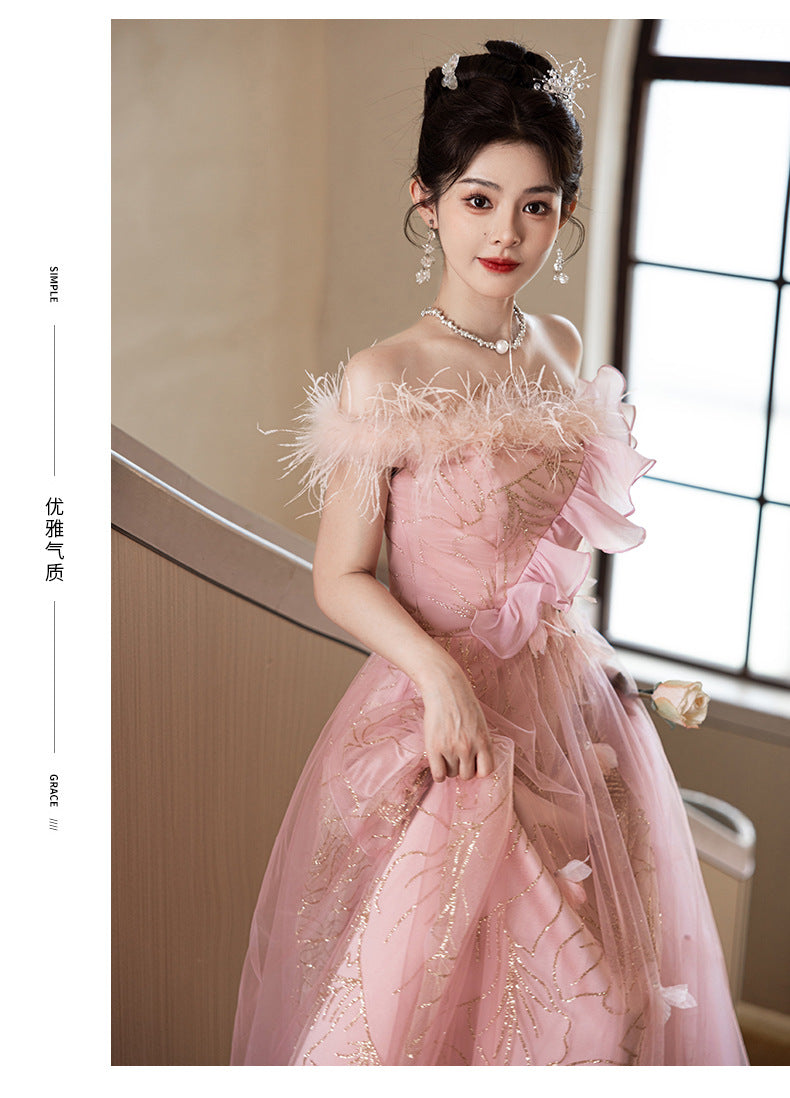 off-Shoulder Evening Dress Female Banquet Temperament Socialite High-End Affordable Luxury Niche Host Engagement High-Grade Pink