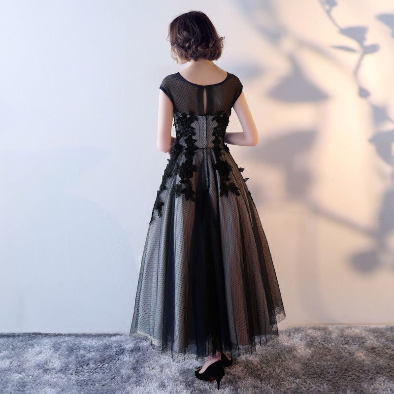 Prom dress elegant Women's Korean-Style Slim-Fit Short Sleeve Black Ball gown Banquet Host Evening Dresses H88923