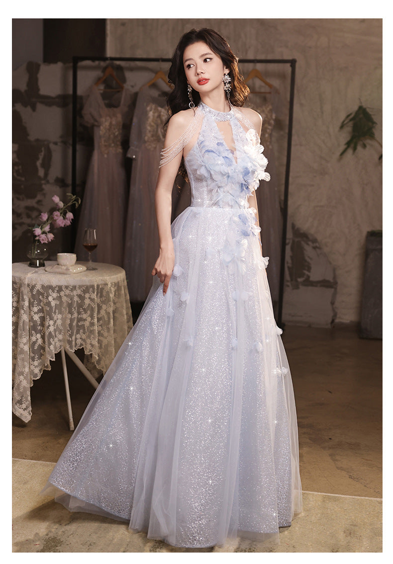 Wedding Dress Evening Dress for Women Light Luxury Minority High-End Blue Graduation High School Beautiful Umbrella Princess Dress Adult Ceremony Girl