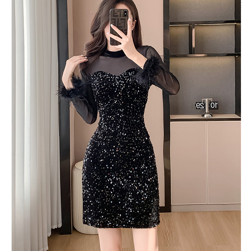 2023 Mesh Stitching Sequins Dress Women's French Entry Lux Sexy Waist Trimming Banquet Dress Sheath Black Dress