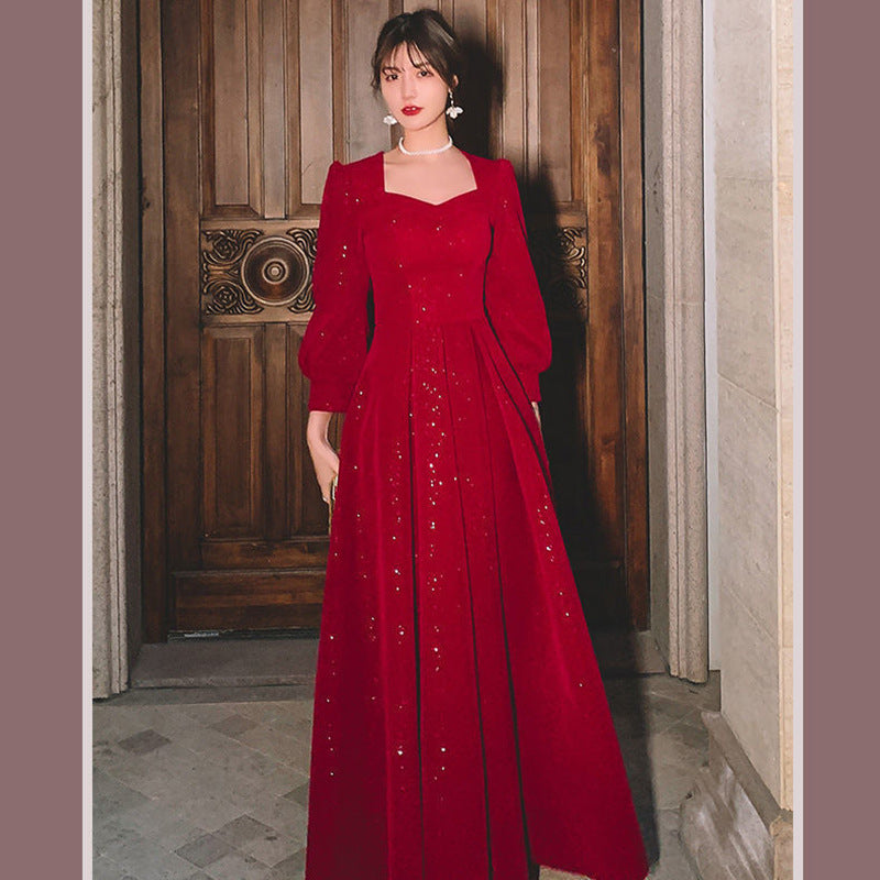 Evening Dresses Red Long Sleeve Dinner Dress Party Ball Gown Host'S Fishtail Star Shining H333