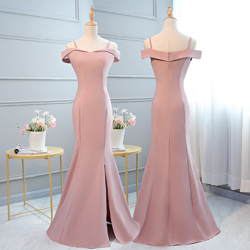 Ladybros' Dress 2023 Summer Autumn New Style off-Shoulder Annual Meeting Pink Figure Flattering Fishtail Dress for the Besties Bridesmaid Dress for Women