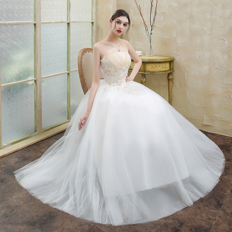 New Wedding Dress Forest Style French Strapless Bride Slimming Simple Wedding Gown Floor-Length Outdoor Veil Light