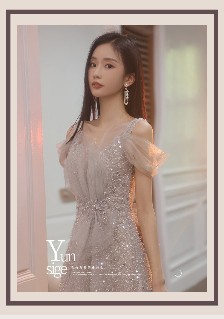 Evening Dress 2024 Autumn and Winter New Banquet Temperament Heavy Industry Light Wedding Dress Engagement Dress Toast Dress Host