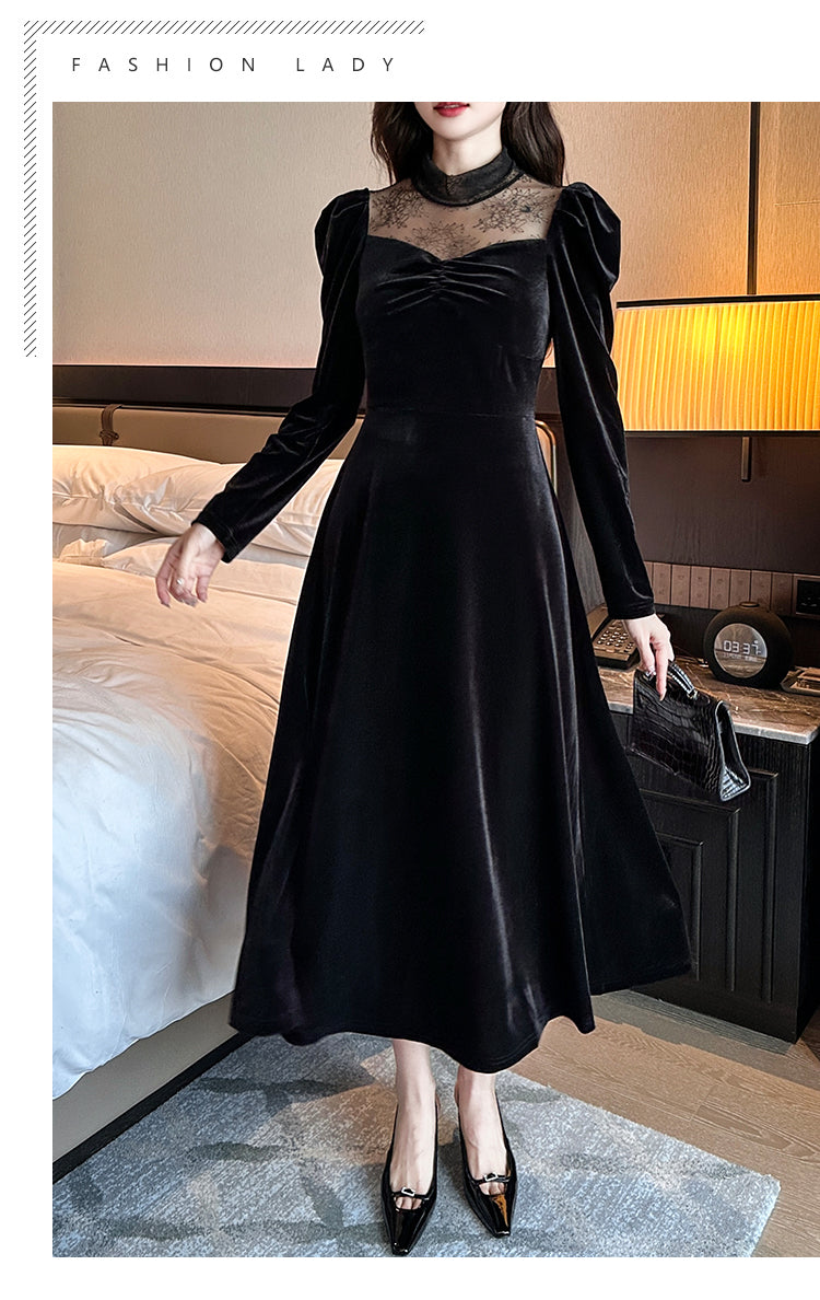 2023 Autumn and Winter Annual Party Party Dress Skirt ~ French Style Hepburn Elegant Half Turtleneck Lace Stitching Velvet Dress