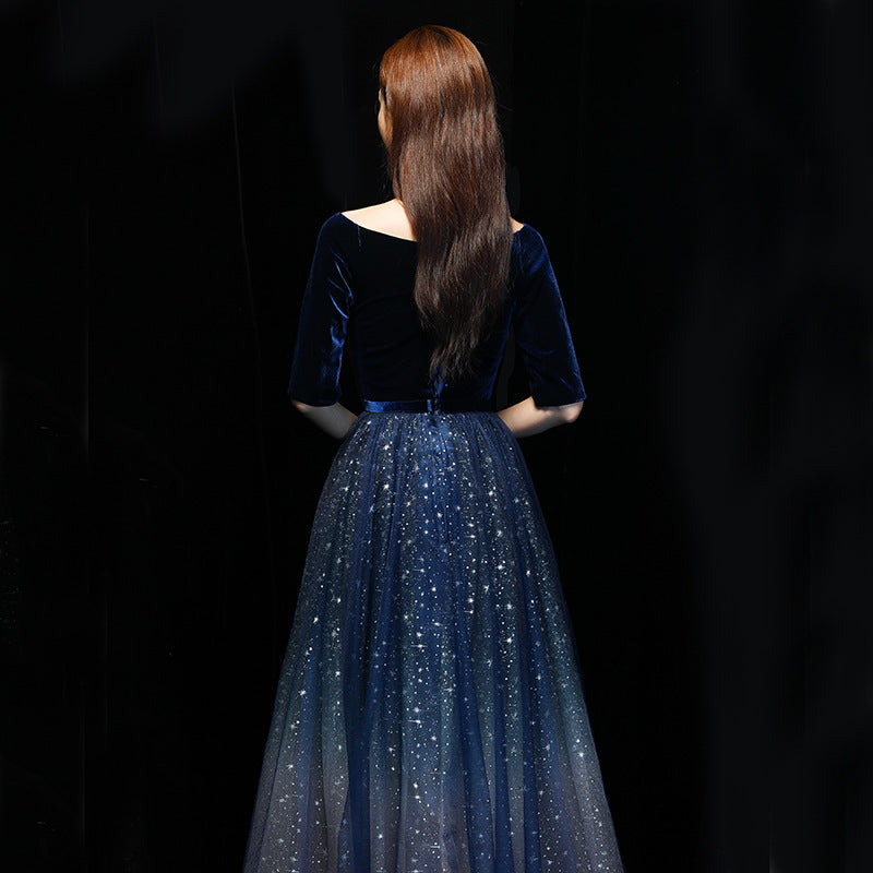 Host Evening Dress Women 2024 New Autumn off-Shoulder Banquet Queen Long Choir Costumes Women