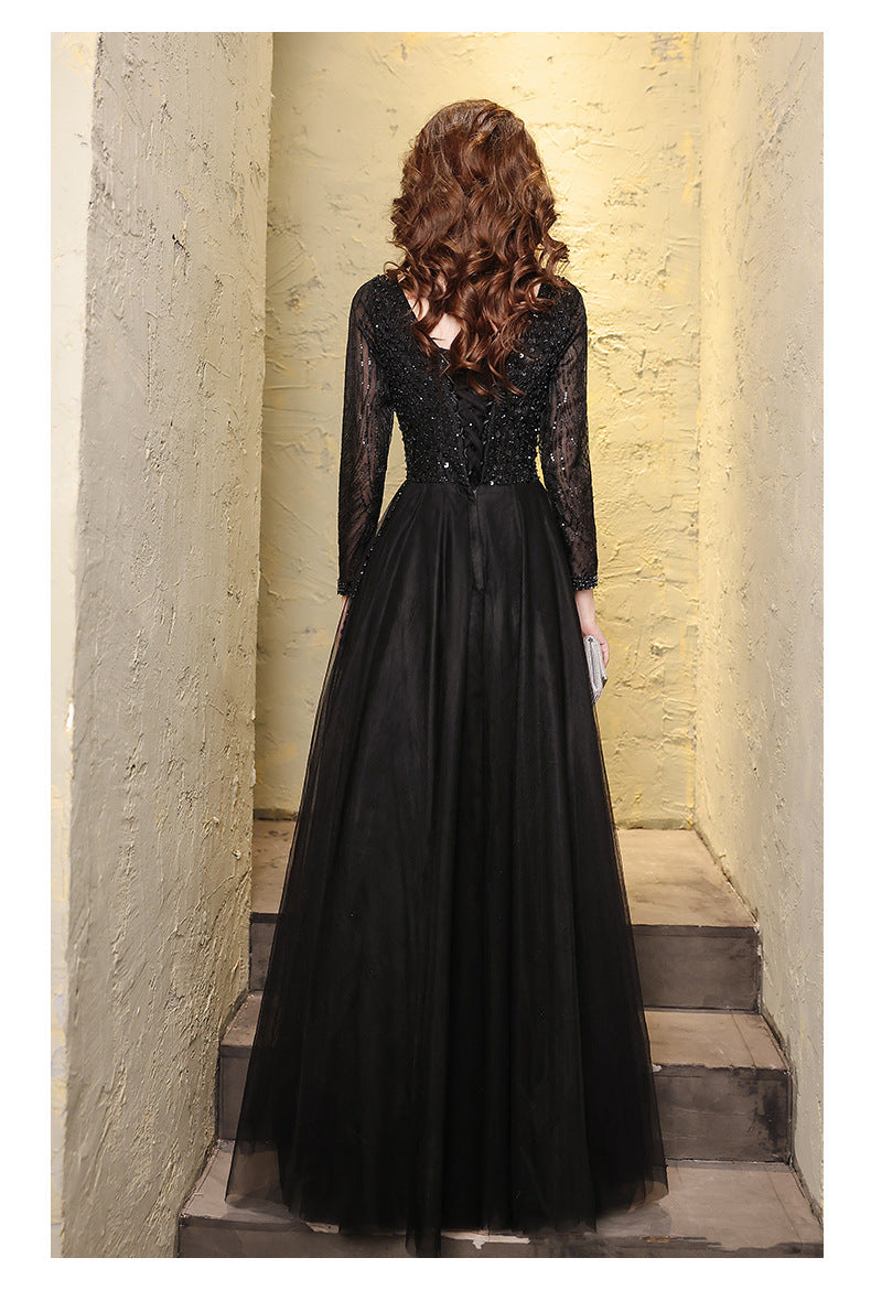 Black Evening Dress Female 2024 Autumn New Master Host Art Exam Dress Choral Performance Long Dress