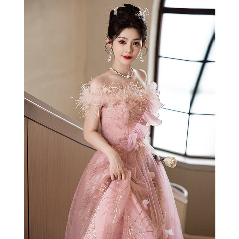 off-Shoulder Evening Dress Female Banquet Temperament Socialite High-End Affordable Luxury Niche Host Engagement High-Grade Pink