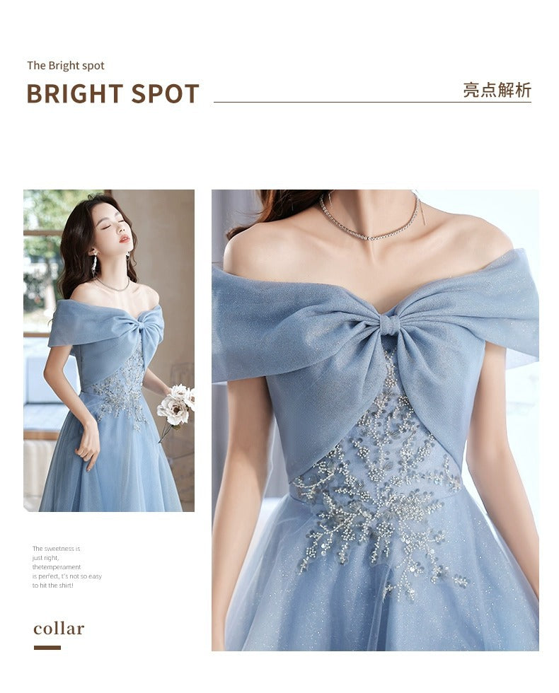 off-Shoulder Blue Evening Dress for Women Banquet Temperament French Entry Lux Niche High-End Host Art Exam Chorus Clothing