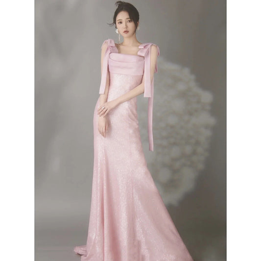 Pink Evening Dress Women's Sequined Mopping Sleeveless Niche Banquet Temperament Socialite Host Annual Party Evening Dress
