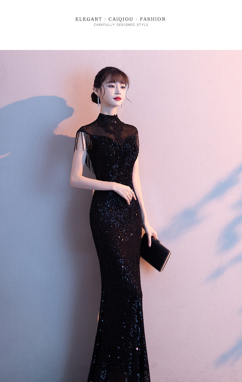 Black Evening Dress Women's 2024 New Summer and Autumn Temperament Banquet Host Light Luxury European and American Socialite Fishtail Long