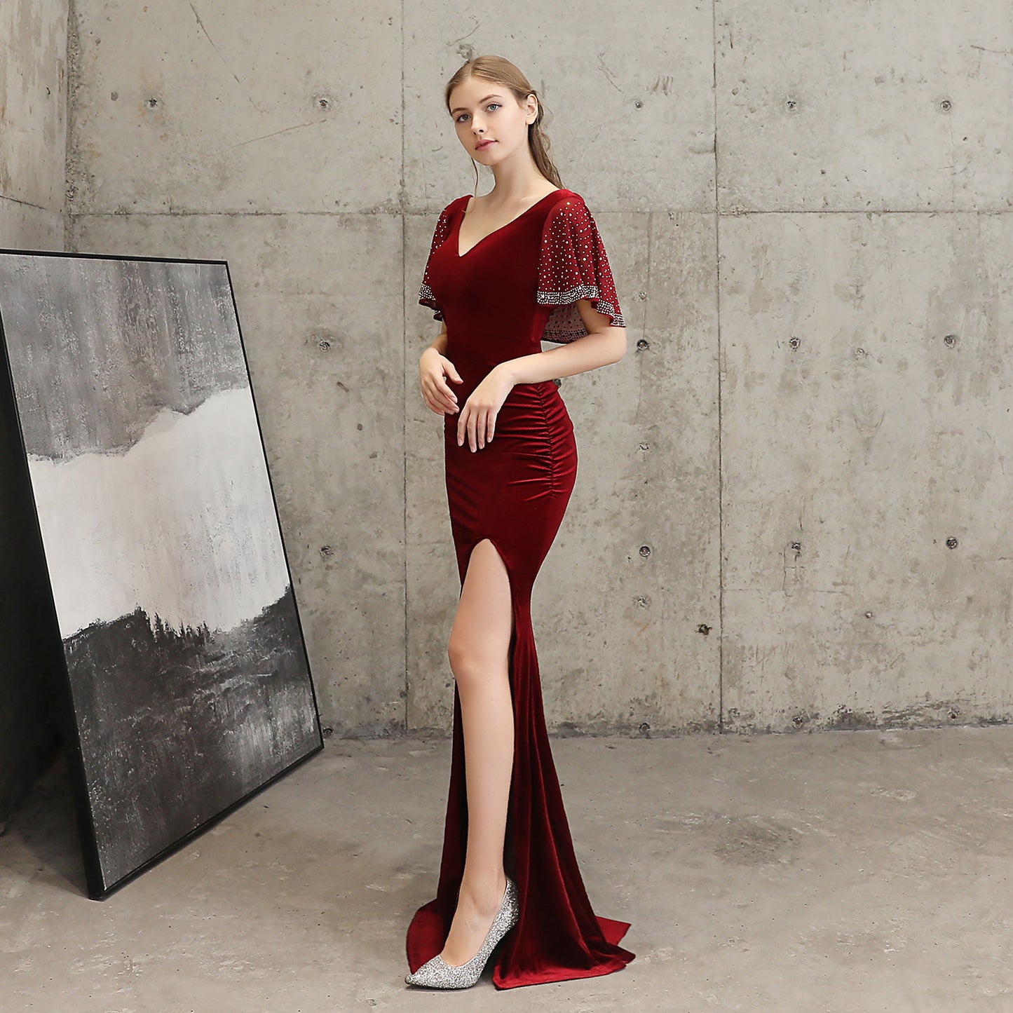 18110# Velvet Sequin Rhinestone Fishtail Banquet Elegant Graceful Annual Meeting Host Car Model Party Formal Dress Female Winter