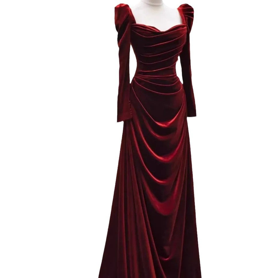 High-Grade Velvet Toast Dress Wine Red Long Sleeve Bride Engagement Dress Banquet Host Dress Annual Meeting Dress