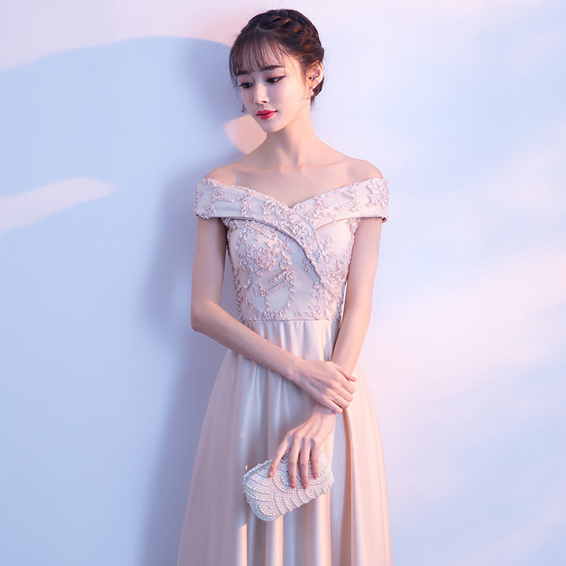 Banquet Evening Dress 2024 Autumn New Korean Style Elegant off-Shoulder Long Slimming Bridesmaid Dress for Women