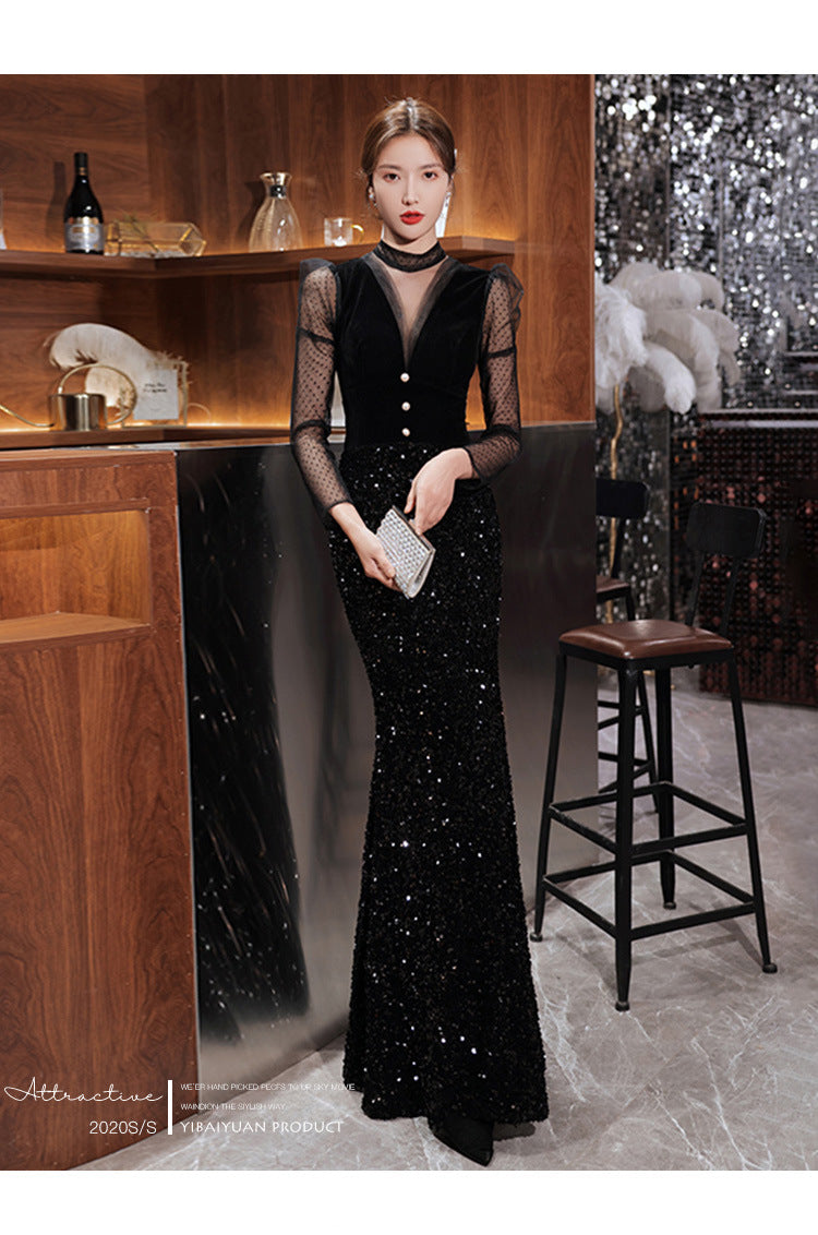 Black Velvet Evening Dress 2024 New Temperament Banquet Fishtail Vocal Dress Art Exam Long Sleeve Host Clothing