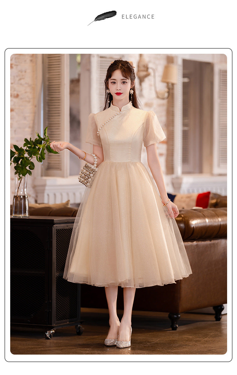 Champagne Little Evening Dress Women's Daily Style Birthday Adult Ceremony Engagement License Registration Dress Spring Mesh