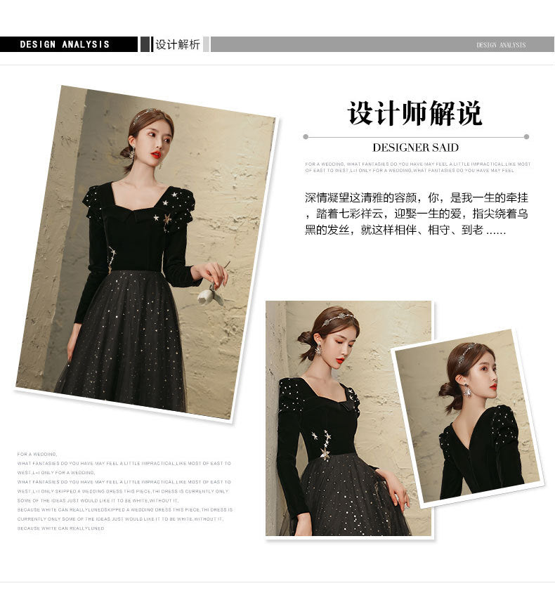 Banquet Evening Dress 2024 New Black Ladies Long Sleeves Graceful Formal Dress Host Performance Dinner Annual Meeting Gift