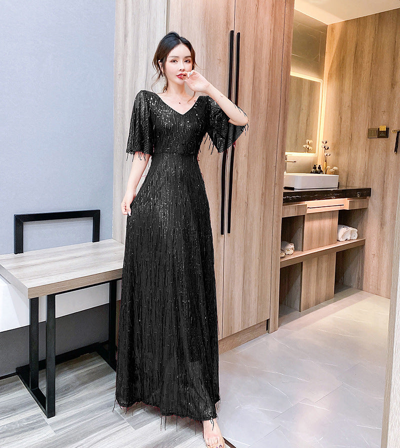 Starry Evening Dress Dignified Temperament Bride Toast Dress V-neck Flared Sleeves Sequined Tassel Slimming Long Dress Women