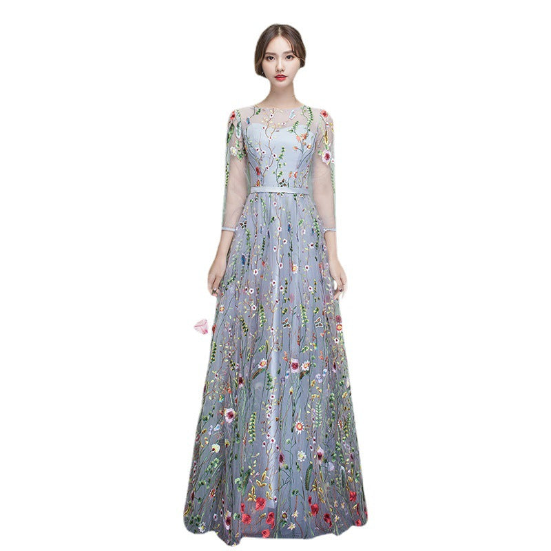 Evening Dress Long Sleeve Floral Dinner Prom dresses Lace Host Performance Costume Bridesmaid Dress Annual Party Gown H2238