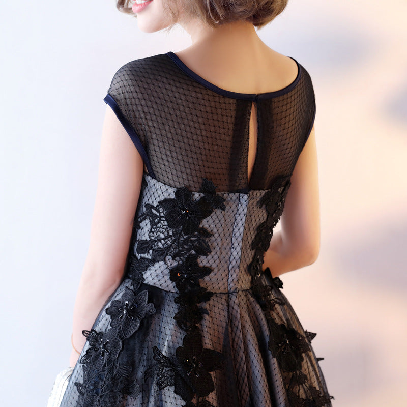 Prom dress elegant Women's Korean-Style Slim-Fit Short Sleeve Black Ball gown Banquet Host Evening Dresses H88923