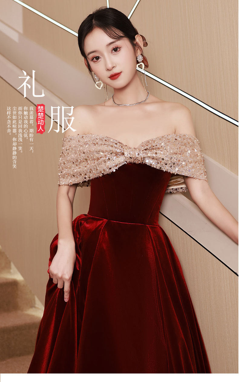 Western Style Clothing Dresses Bridal Summer Wine Red off-Shoulder Fashion Engagement Dress Women's Banquet Temperament Dress H98923