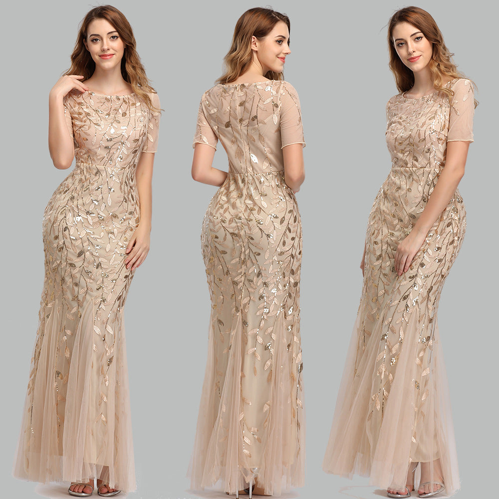 Spring and Summer Cross-Border 2024 Banquet Host European and American Slim Mesh Sequins Evening Dress Fishtail Dress Women