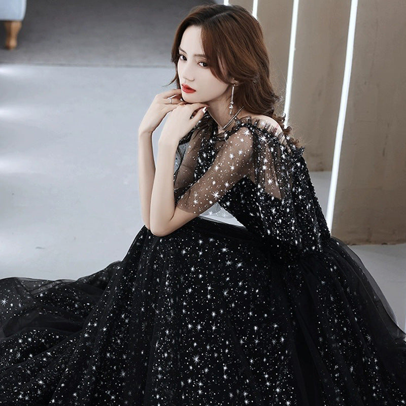 Black Evening Dress Women's High Sense Host Banquet 2024 New Autumn High-End Temperament Light Luxury Minority