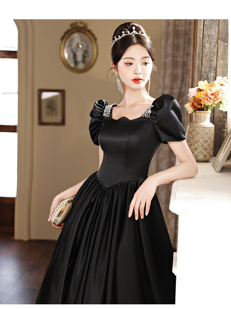 Black Evening Dress Women's Satin High Sense High-End Affordable Luxury Niche Banquet Adult Ceremony Temperament Host Art Test