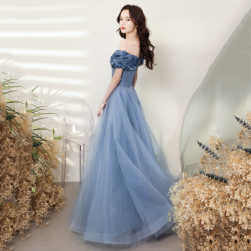 Blue Evening Dress Women's off-Shoulder 2024 New Autumn Banquet Temperament Performance Host Texture Art Exam Dress