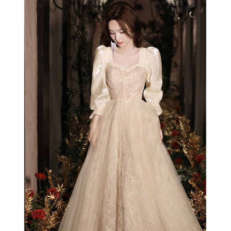 Evening Dress  Long Sleeve Champagne High-End Light Luxury Banquet Luxury Fairy Dinner h29923