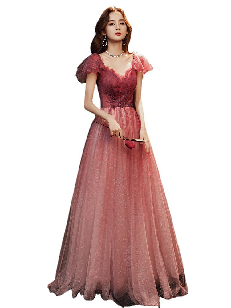 Toast Dress 2024 New Fairy Gradient Marriage Engagement Evening Dress off-Shoulder Banquet Host Dress Annual Meeting