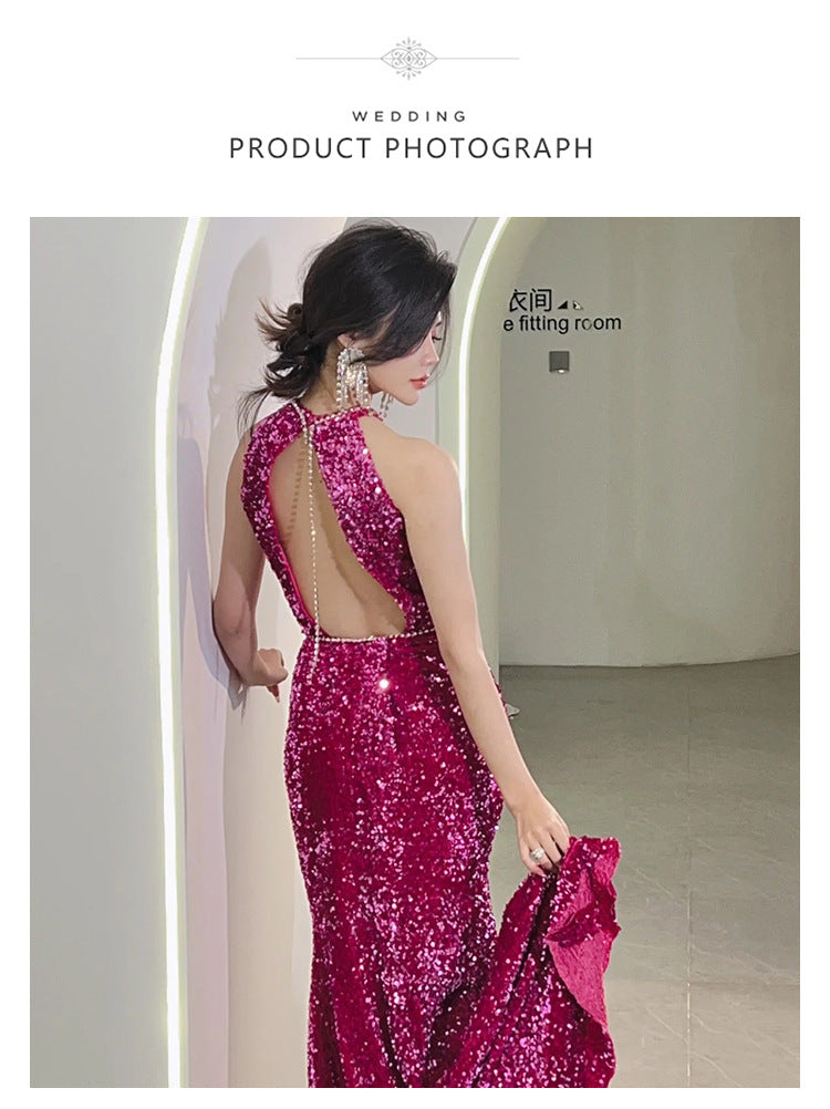 Rose Red Evening Dress Temperament Entry Lux Sense Backless Fishtail Engagement Dress Bridal Halter Toast Dress
