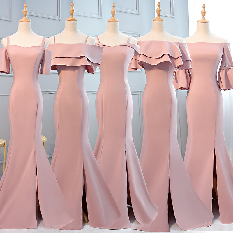 Ladybros' Dress 2023 Summer Autumn New Style off-Shoulder Annual Meeting Pink Figure Flattering Fishtail Dress for the Besties Bridesmaid Dress for Women