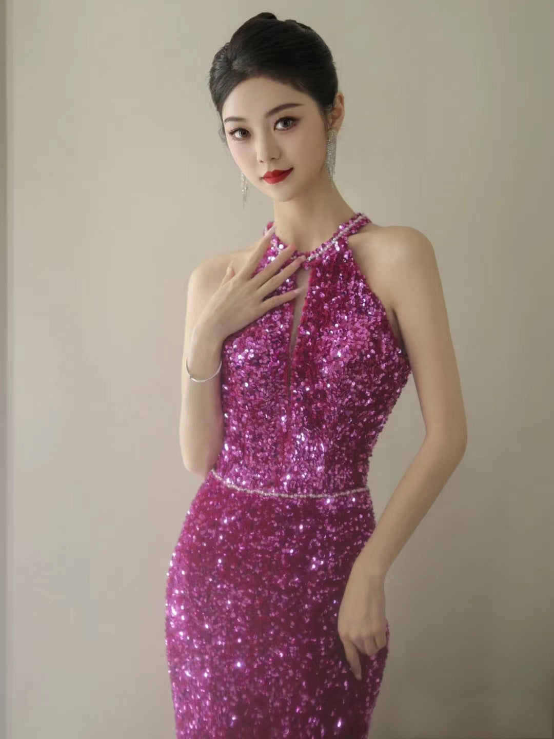 Dragon Fruit Dinner Dress 2024 New Sequined Fishtail Bridal Wedding Toast Backless Party Evening Dress