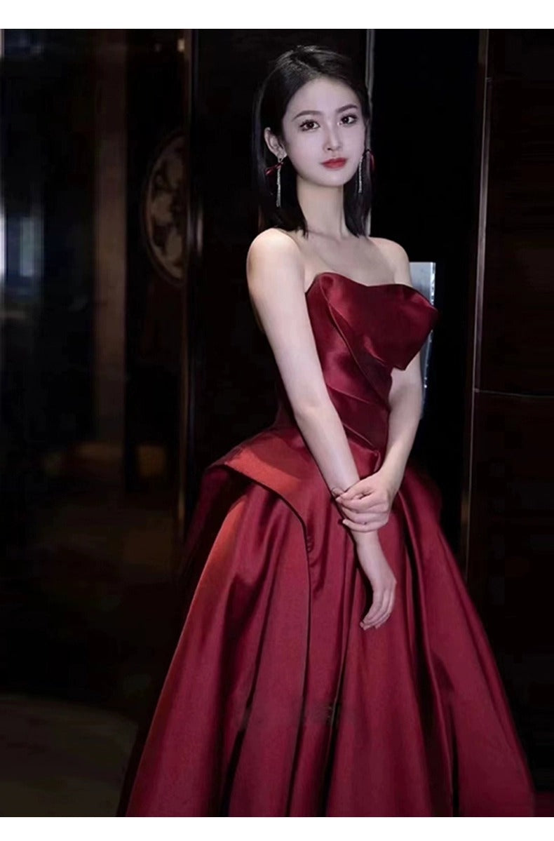 Wine Red Tube Top High-End Bridal Toast Clothing Satin High-End Sense Wedding Evening Dress Host Performance Costume Long