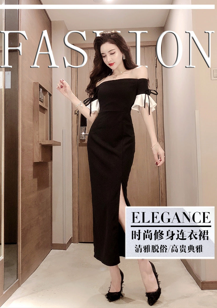 Women's off-Shoulder Black Banquet Evening Dress 2024 New Long Slim Fit Slimming Dress